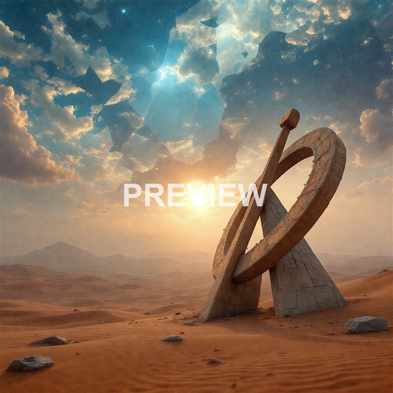 A large wooden sundial-like structure stands in a desert landscape under a sky with clouds, the sun setting or rising in the background with a surreal, cloudy sky above.